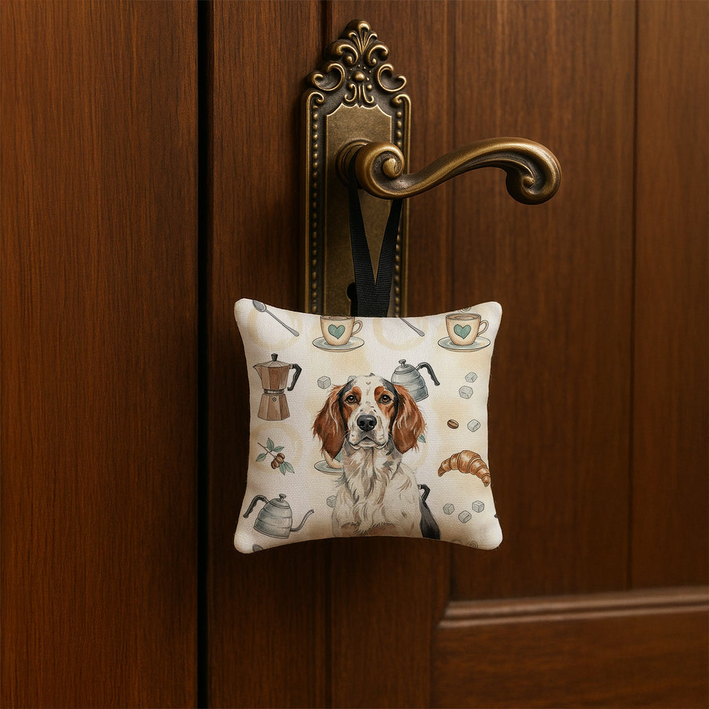 Tricolor English Setter Coffee Bar Hanging Square Fabric Ornament 3.5 � 3.5 Decorative Door-Knob & Tree Hanger, Soft Fabric