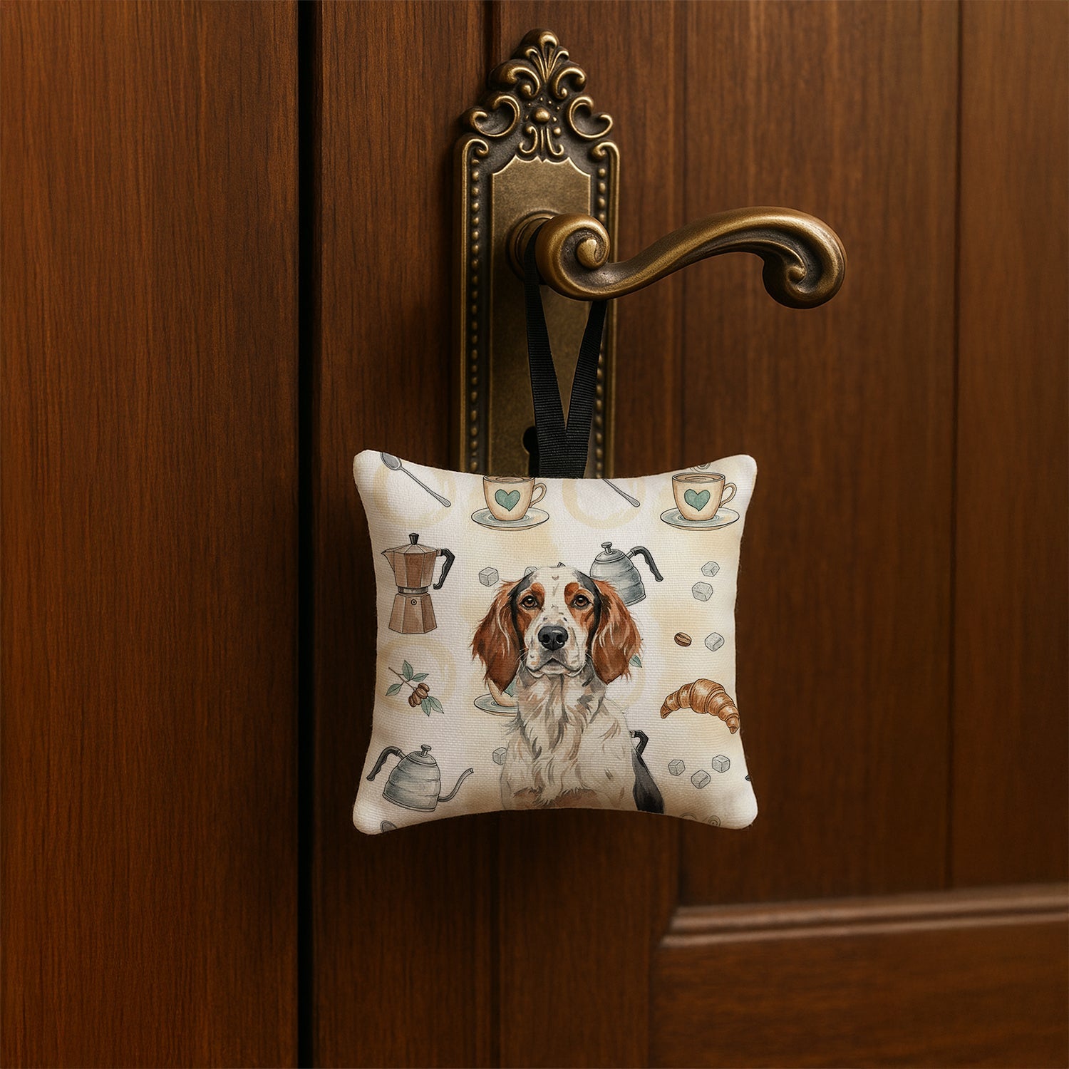 Tricolor English Setter Coffee Bar Hanging Square Fabric Ornament 3.5 � 3.5 Decorative Door-Knob & Tree Hanger, Soft Fabric