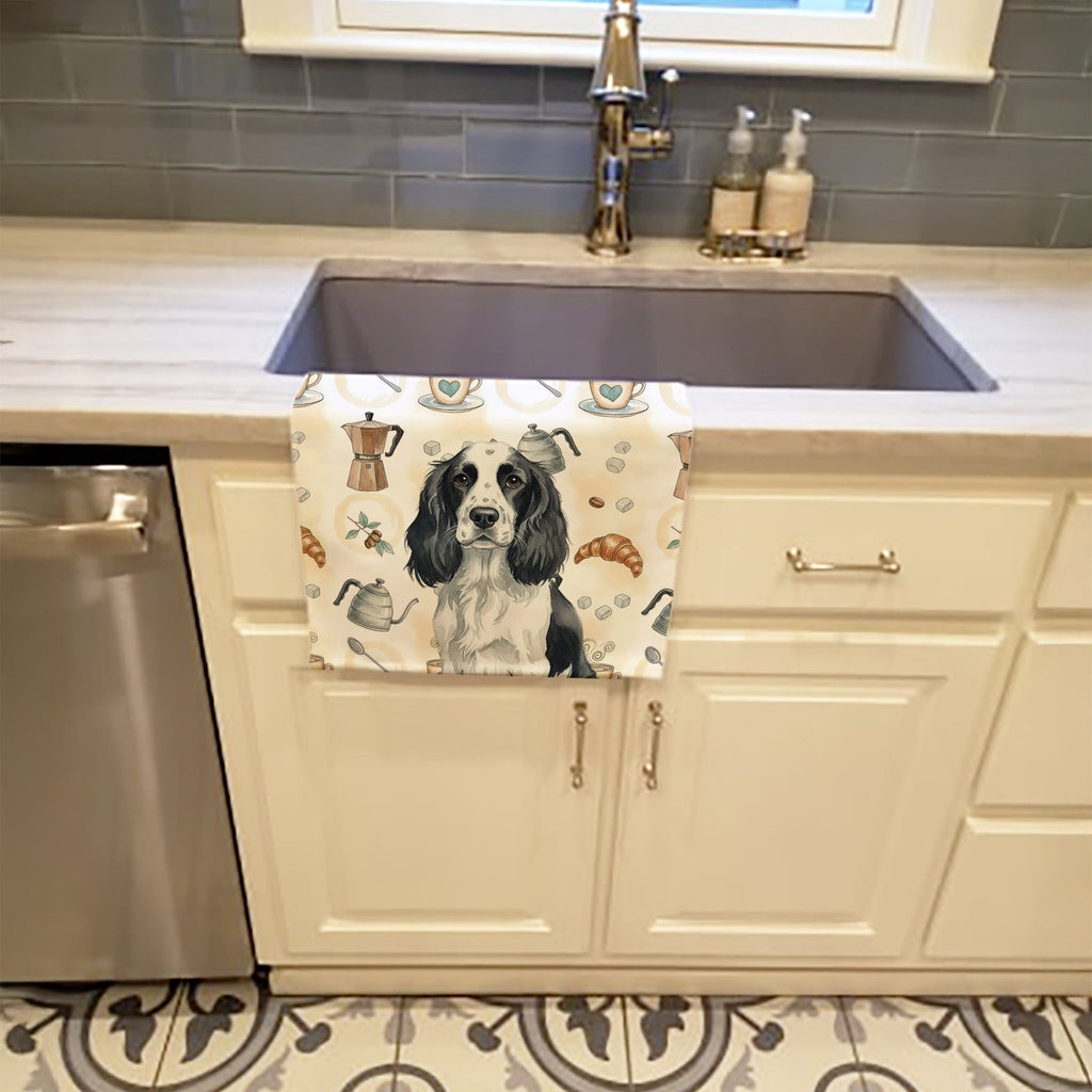 Black and White English Springer Spaniel Coffee Bar Kitchen Towel Velour Plush Front and Cotton Loop Back Machine Washable