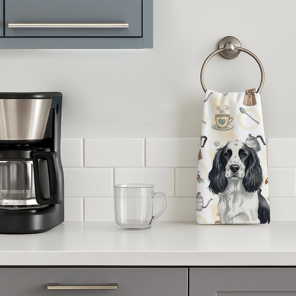 Black and White English Springer Spaniel Coffee Bar Kitchen Towel Velour Plush Front and Cotton Loop Back Machine Washable