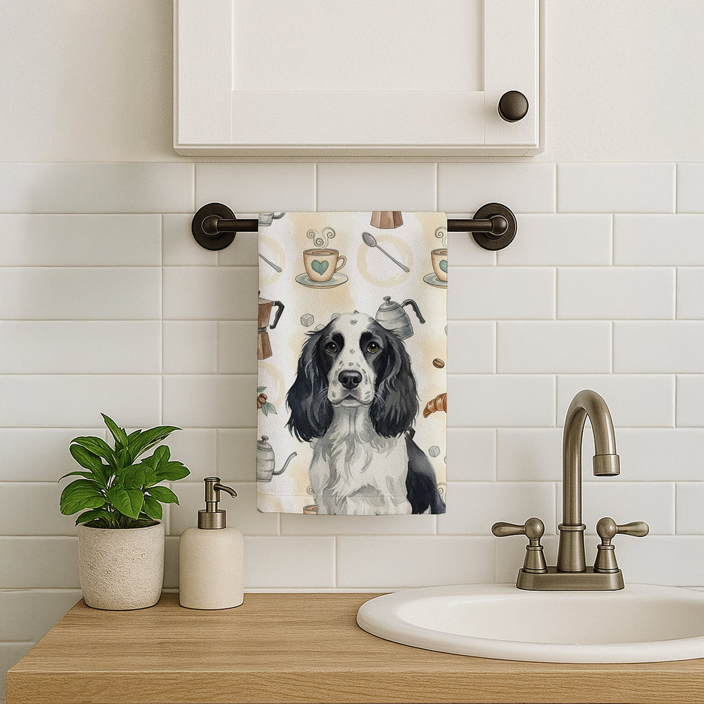 Black and White English Springer Spaniel Coffee Bar Kitchen Towel Velour Plush Front and Cotton Loop Back Machine Washable