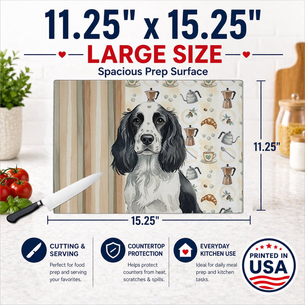 Black and White English Springer Spaniel Coffee Bar Cutting Board Tempered Glass Kitchen Cutting Surface, Heat Resistant Chopping, Non-Slip Feet, Food Prep & Serving
