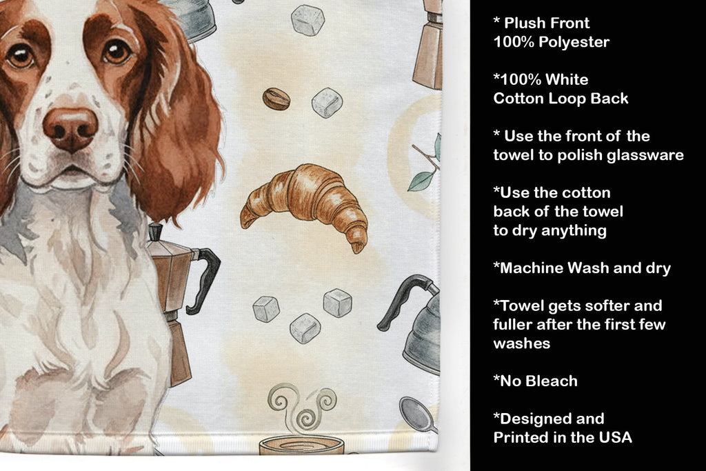 Liver and White English Springer Spaniel Coffee Bar Kitchen Towel Velour Plush Front and Cotton Loop Back Machine Washable