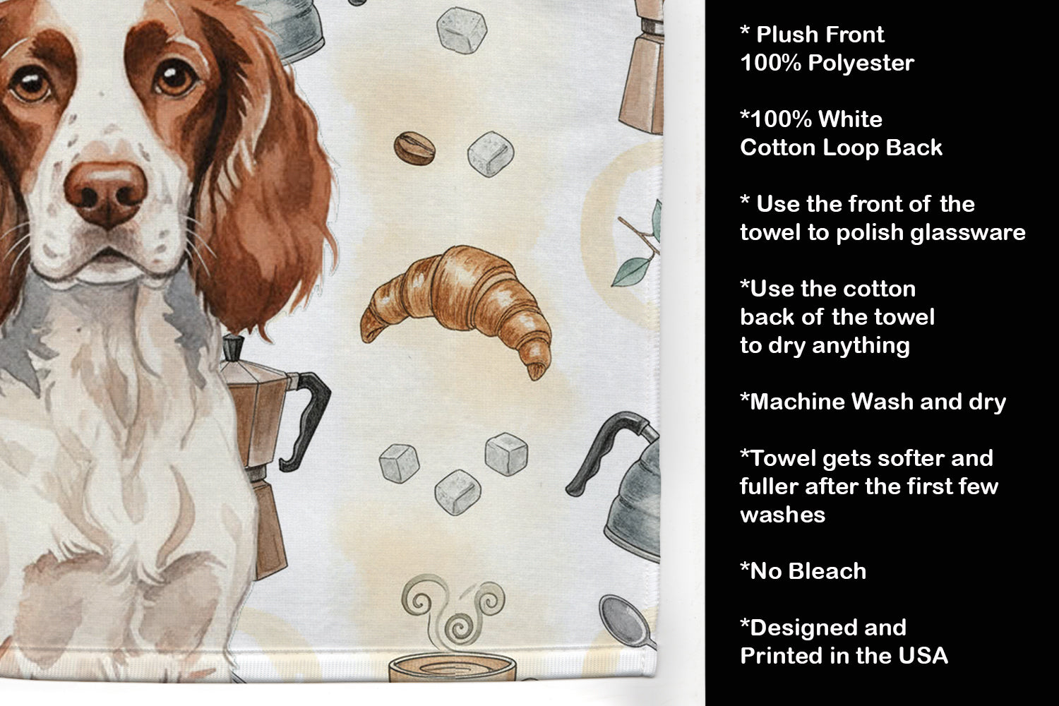 Liver and White English Springer Spaniel Coffee Bar Kitchen Towel Velour Plush Front and Cotton Loop Back Machine Washable