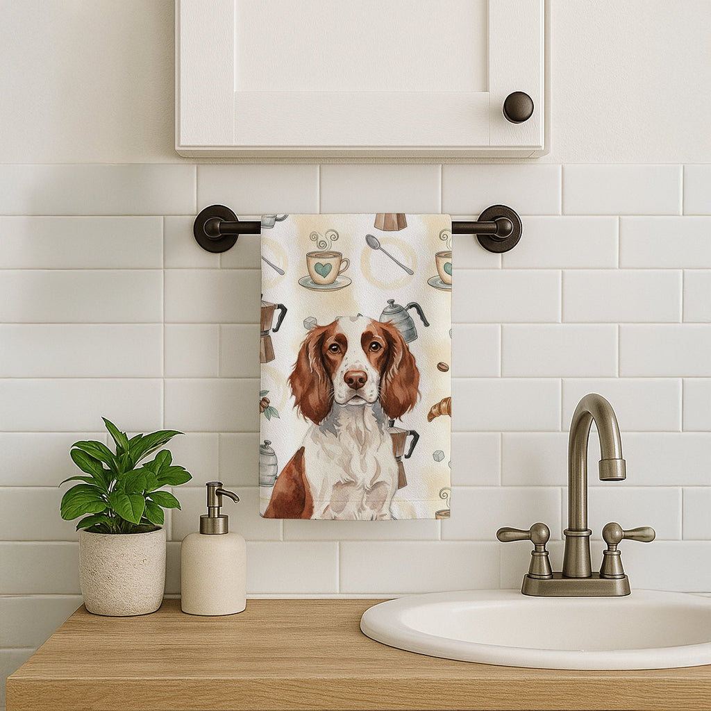 Liver and White English Springer Spaniel Coffee Bar Kitchen Towel Velour Plush Front and Cotton Loop Back Machine Washable
