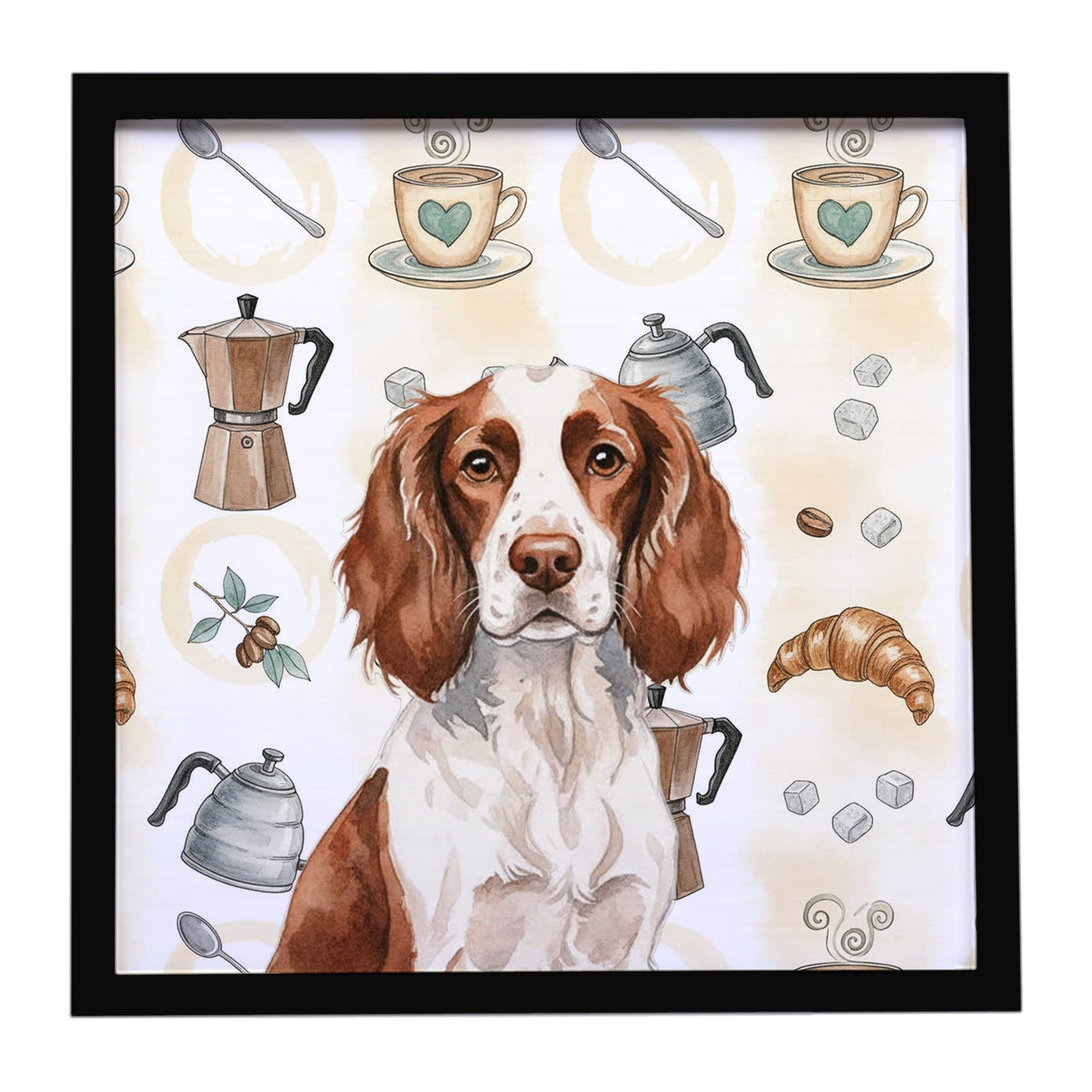 Liver and White English Springer Spaniel Coffee Bar Framed Metal Print Bathroom, Kitchen, Office, Home Decor Wall Art Ready to Hang, Square, 8X8