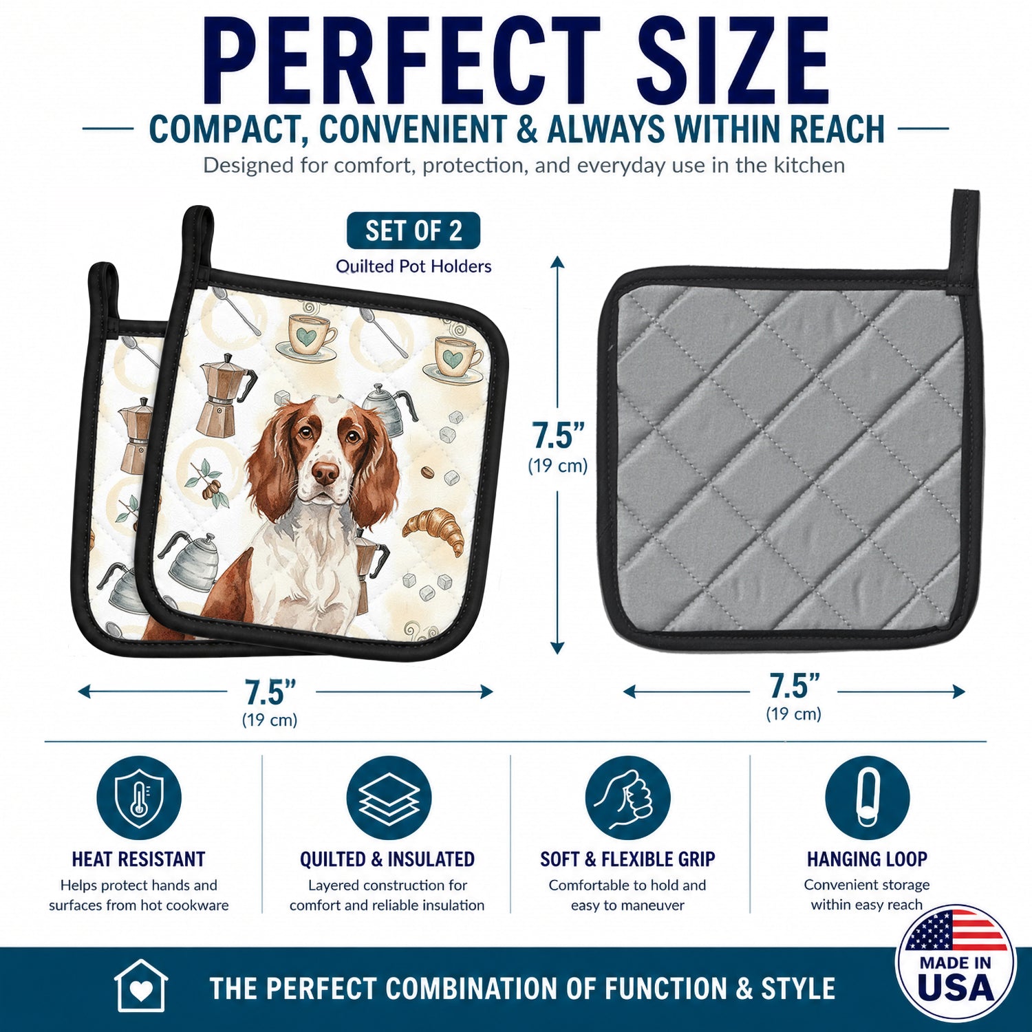 Liver and White English Springer Spaniel Coffee Bar Pot Holder Set of 2 Heat Resistant Quilted Hot Pads 7.5 x 7.5 Inch, Insulated Kitchen Trivets for Cooking & Baking