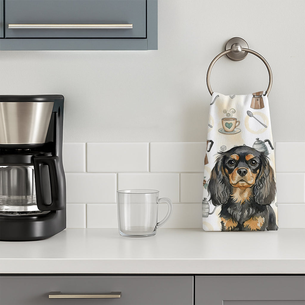 Black and Tan English Toy Spaniel Coffee Bar Kitchen Towel Velour Plush Front and Cotton Loop Back Machine Washable