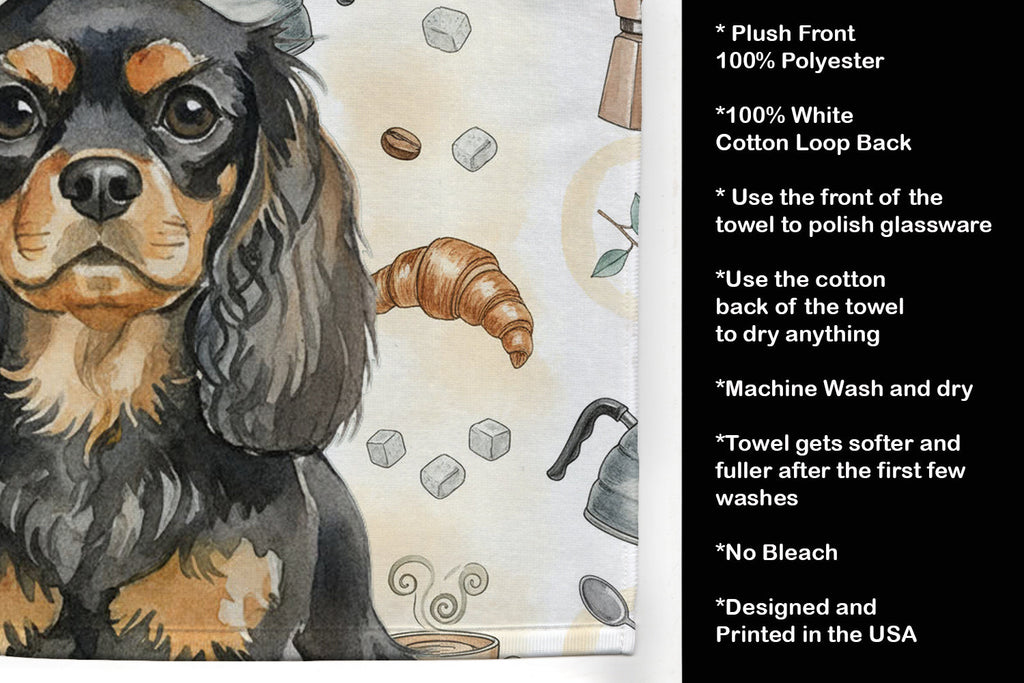 Black and Tan English Toy Spaniel Coffee Bar Kitchen Towel Velour Plush Front and Cotton Loop Back Machine Washable