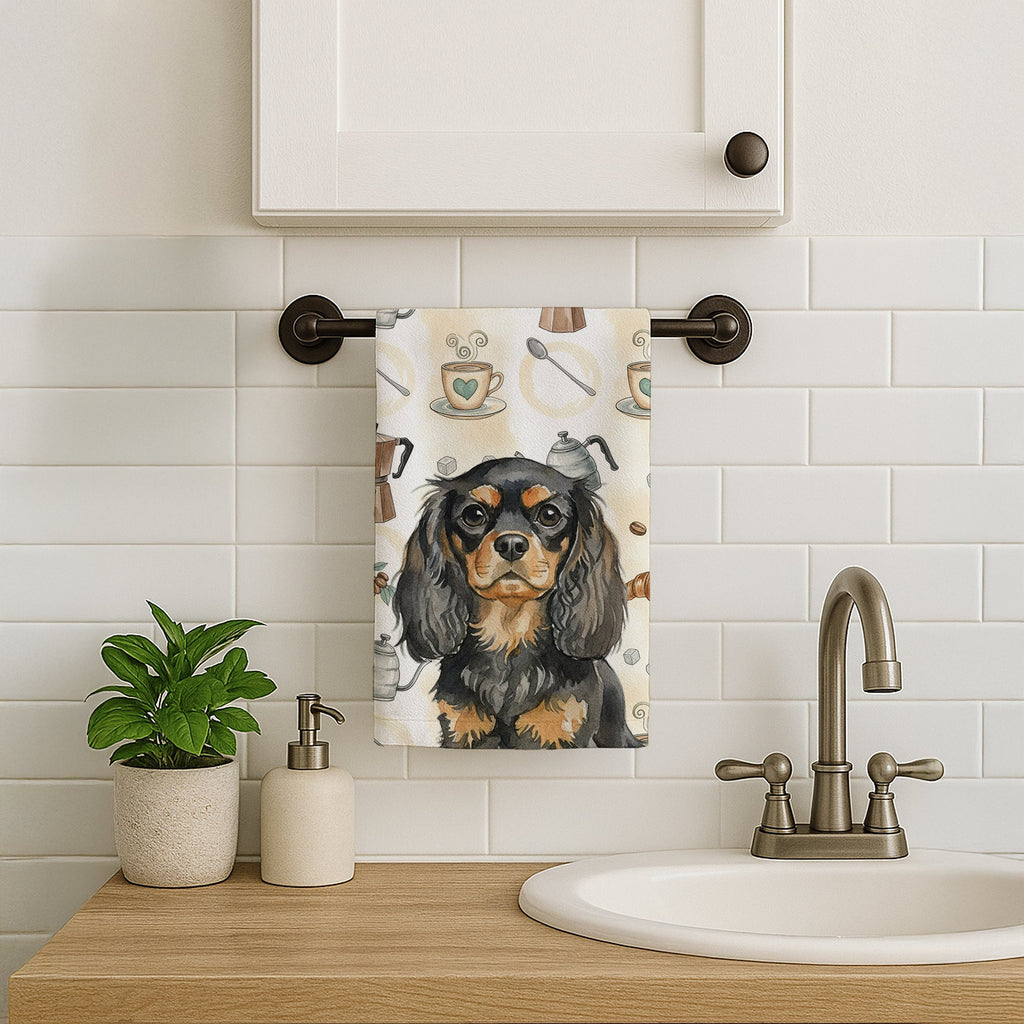 Black and Tan English Toy Spaniel Coffee Bar Kitchen Towel Velour Plush Front and Cotton Loop Back Machine Washable