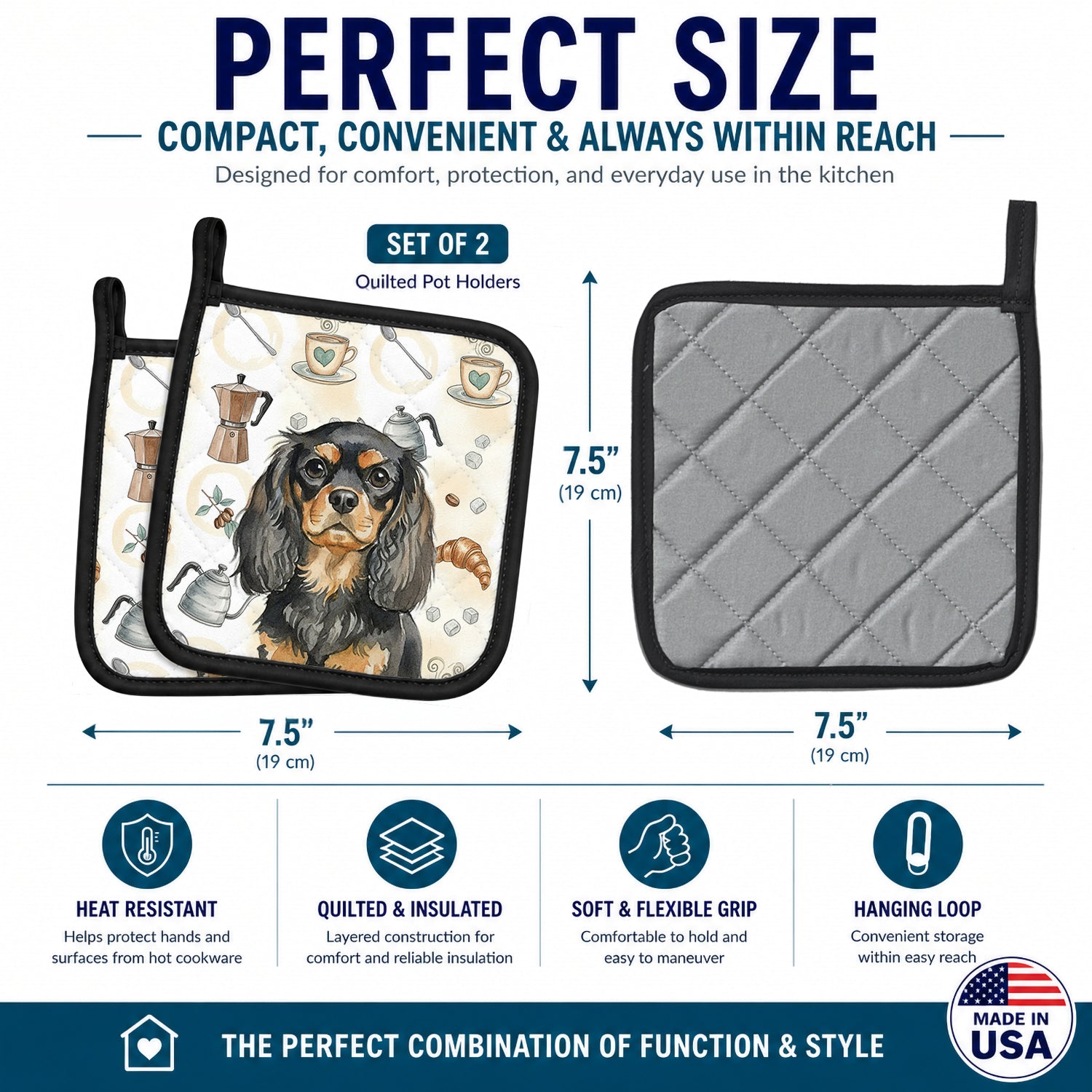 Black and Tan English Toy Spaniel Coffee Bar Pot Holder Set of 2 Heat Resistant Quilted Hot Pads 7.5 x 7.5 Inch, Insulated Kitchen Trivets for Cooking & Baking