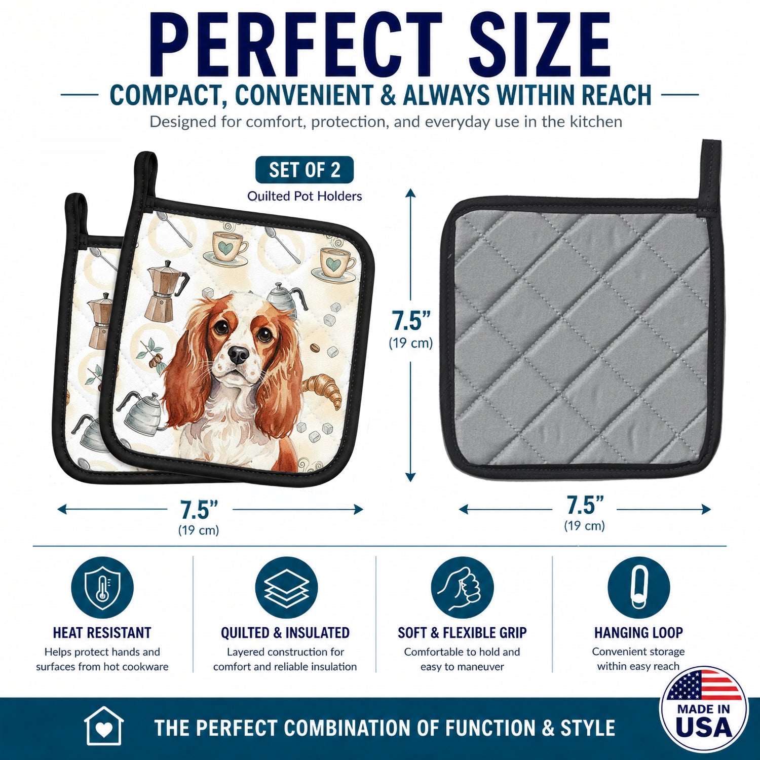 Blenheim English Toy Spaniel Coffee Bar Pot Holder Set of 2 Heat Resistant Quilted Hot Pads 7.5 x 7.5 Inch, Insulated Kitchen Trivets for Cooking & Baking