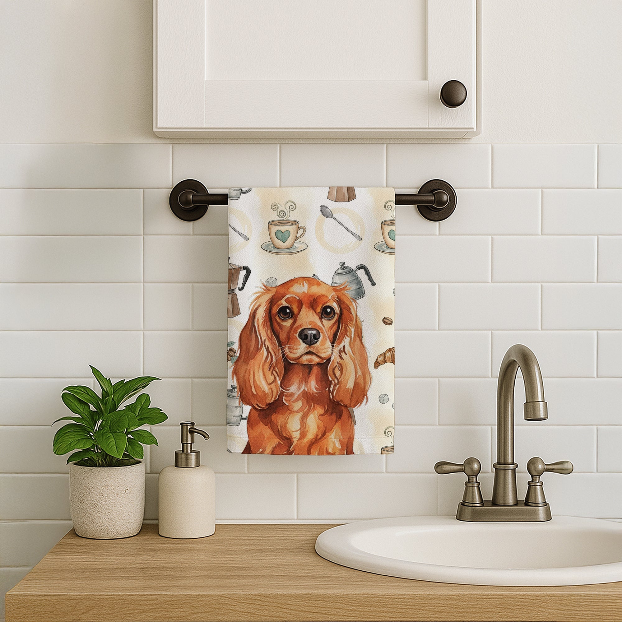 Ruby English Toy Spaniel Coffee Bar Kitchen Towel Velour Plush Front and Cotton Loop Back Machine Washable