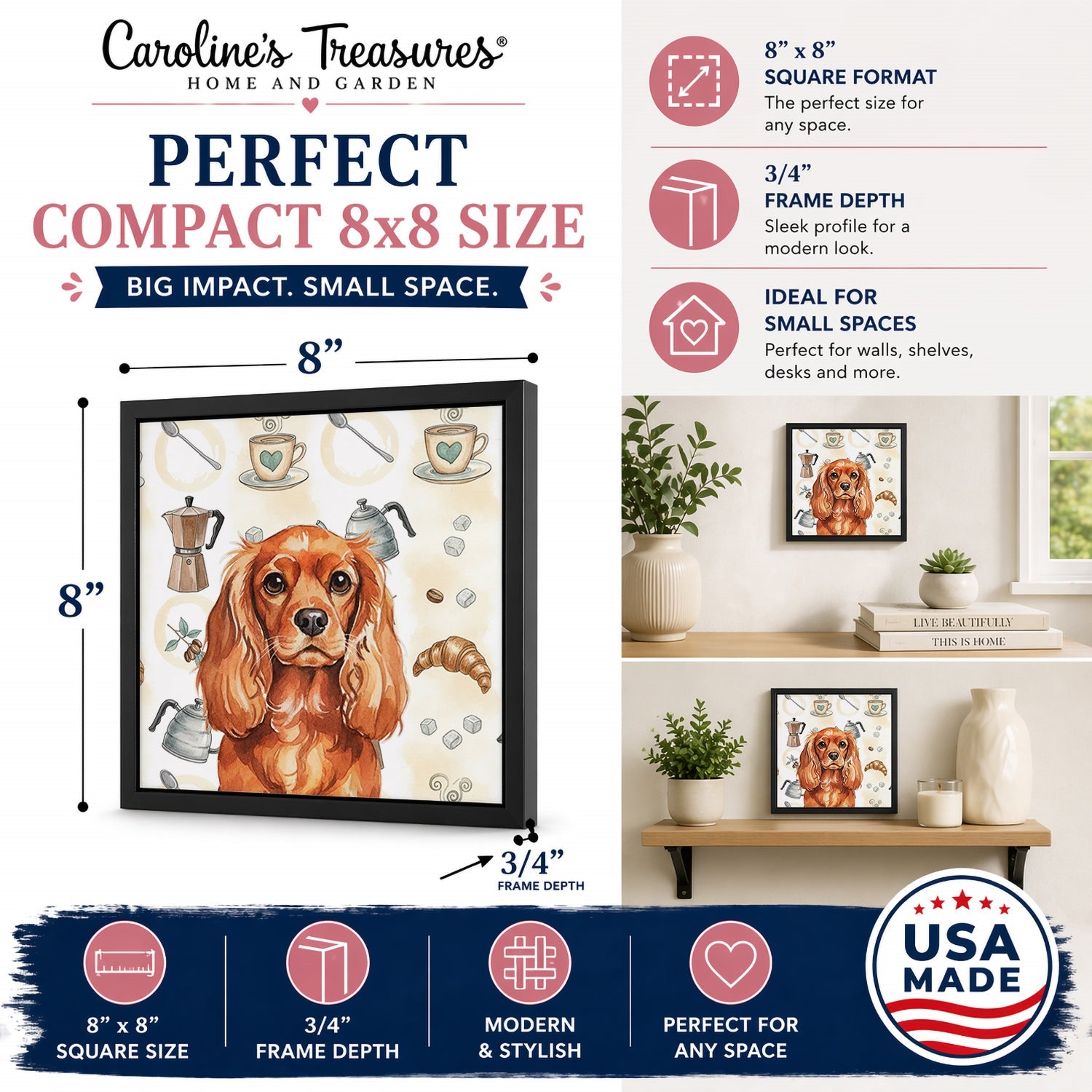 Ruby English Toy Spaniel Coffee Bar Framed Metal Print Bathroom, Kitchen, Office, Home Decor Wall Art Ready to Hang, Square, 8X8