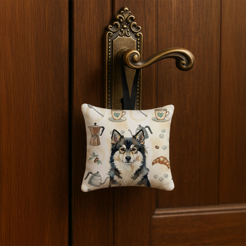 Finnish Lapphund Coffee Bar Hanging Square Fabric Ornament 3.5 � 3.5 Decorative Door-Knob & Tree Hanger, Soft Fabric