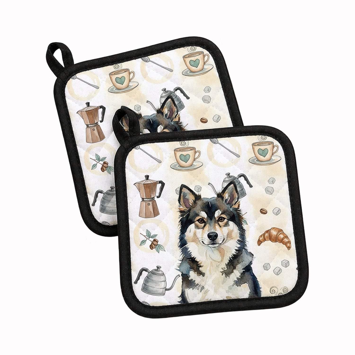 Finnish Lapphund Coffee Bar Pot Holder Set of 2 Heat Resistant Quilted Hot Pads 7.5 x 7.5 Inch, Insulated Kitchen Trivets for Cooking & Baking