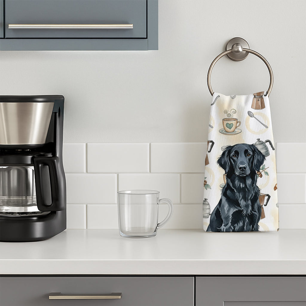 Black Flat-Coated Retriever Coffee Bar Kitchen Towel Velour Plush Front and Cotton Loop Back Machine Washable