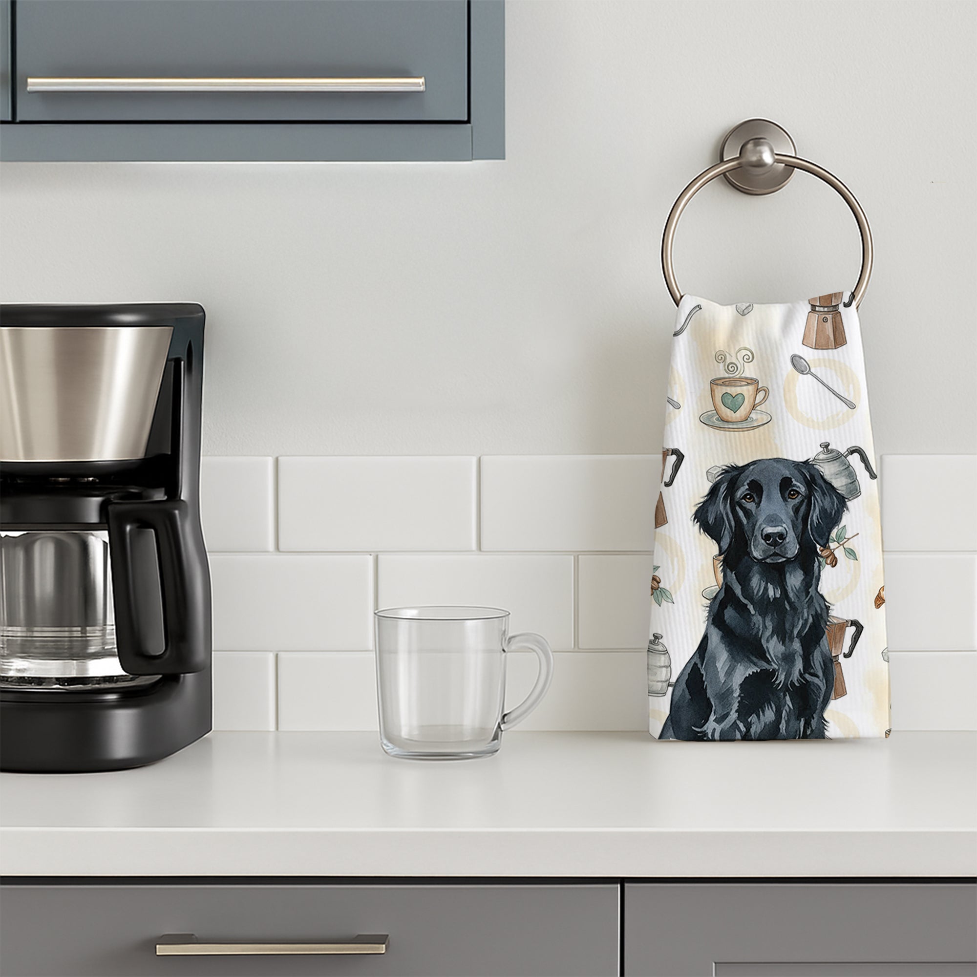 Black Flat-Coated Retriever Coffee Bar Kitchen Towel Velour Plush Front and Cotton Loop Back Machine Washable