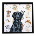 Black Flat-Coated Retriever Coffee Bar Framed Metal Print Bathroom, Kitchen, Office, Home Decor Wall Art Ready to Hang, Square, 8X8