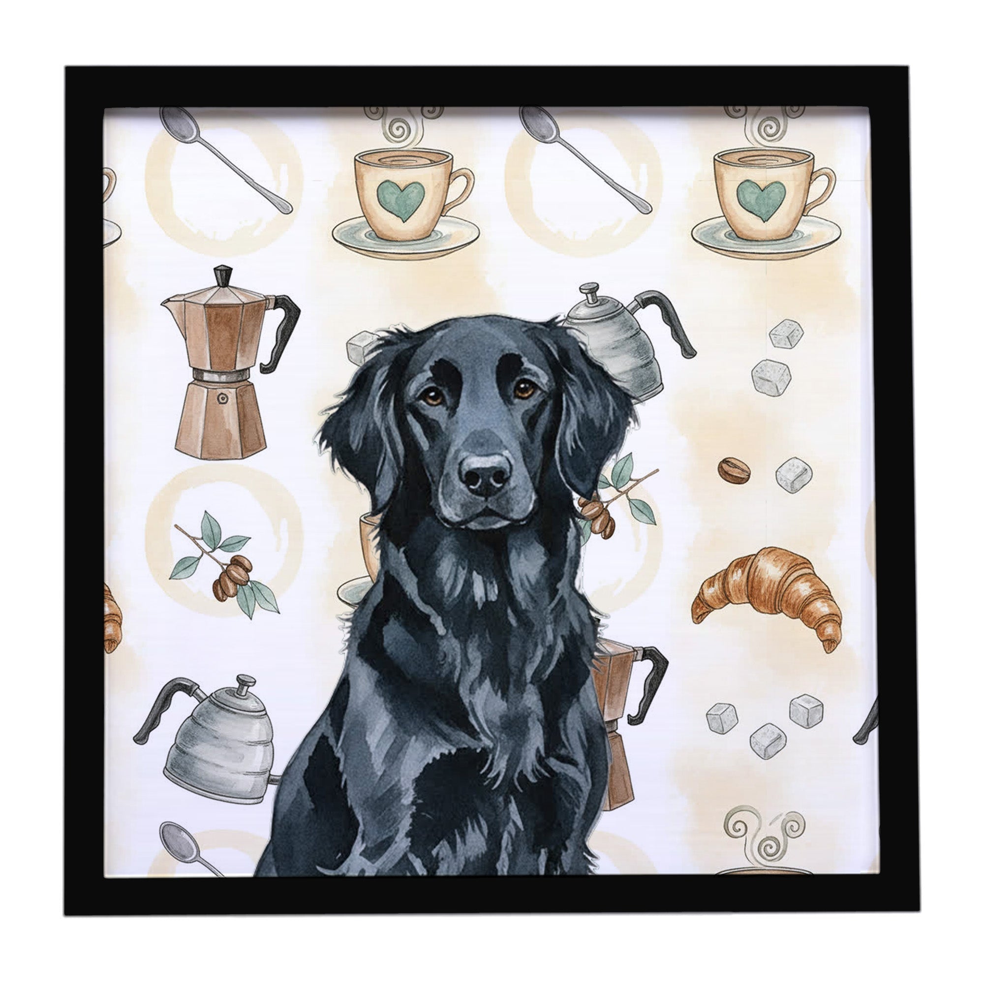 Black Flat-Coated Retriever Coffee Bar Framed Metal Print Bathroom, Kitchen, Office, Home Decor Wall Art Ready to Hang, Square, 8X8