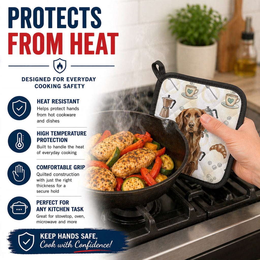 Liver Flat-Coated Retriever Coffee Bar Pot Holder Set of 2 Heat Resistant Quilted Hot Pads 7.5 x 7.5 Inch, Insulated Kitchen Trivets for Cooking & Baking