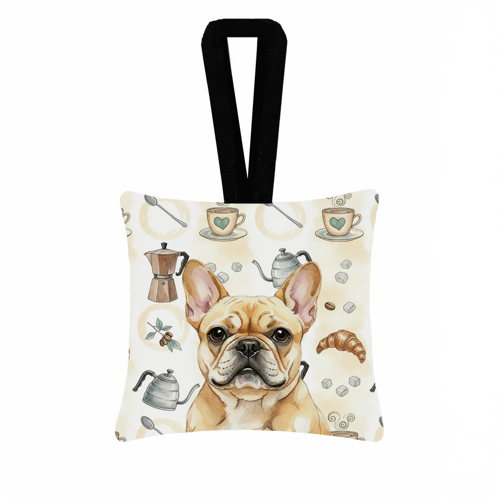 Fawn French Bulldog Coffee Bar Hanging Square Fabric Ornament 3.5 � 3.5 Decorative Door-Knob & Tree Hanger, Soft Fabric