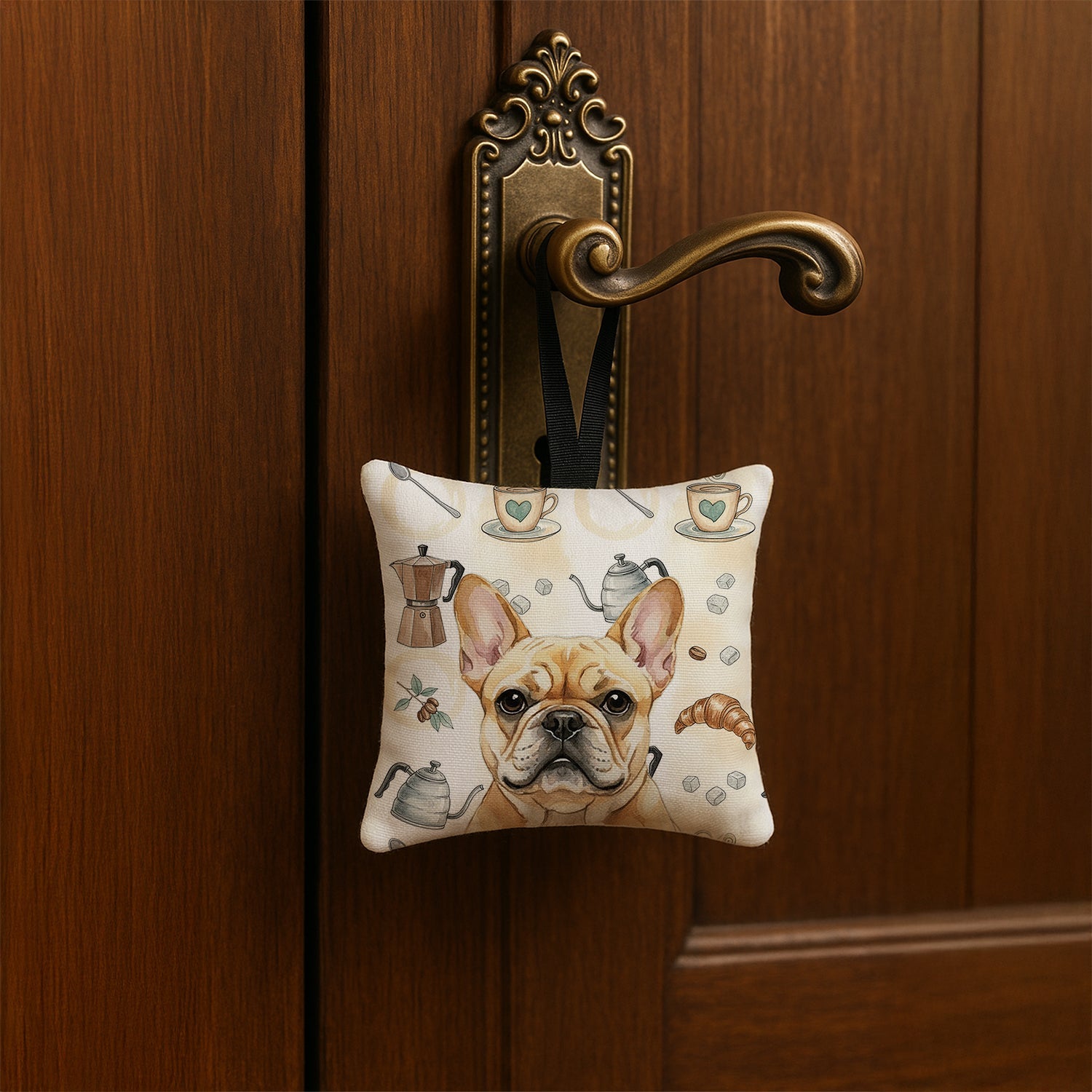 Fawn French Bulldog Coffee Bar Hanging Square Fabric Ornament 3.5 � 3.5 Decorative Door-Knob & Tree Hanger, Soft Fabric