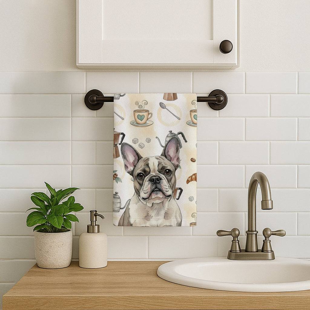 Pied French Bulldog Coffee Bar Kitchen Towel Velour Plush Front and Cotton Loop Back Machine Washable
