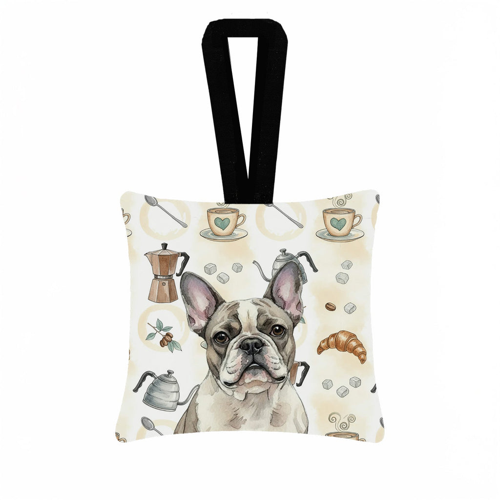 Pied French Bulldog Coffee Bar Hanging Square Fabric Ornament 3.5 � 3.5 Decorative Door-Knob & Tree Hanger, Soft Fabric