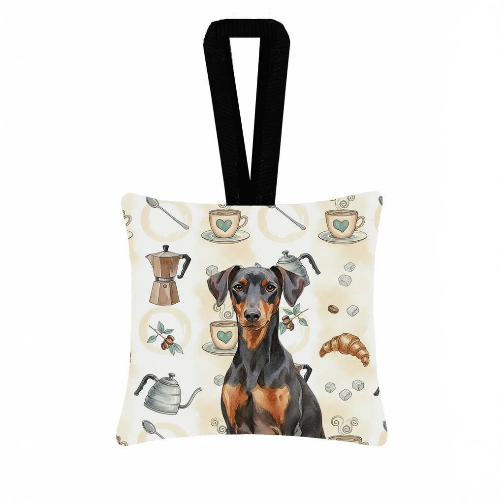 German Pinscher Coffee Bar Hanging Square Fabric Ornament 3.5 � 3.5 Decorative Door-Knob & Tree Hanger, Soft Fabric