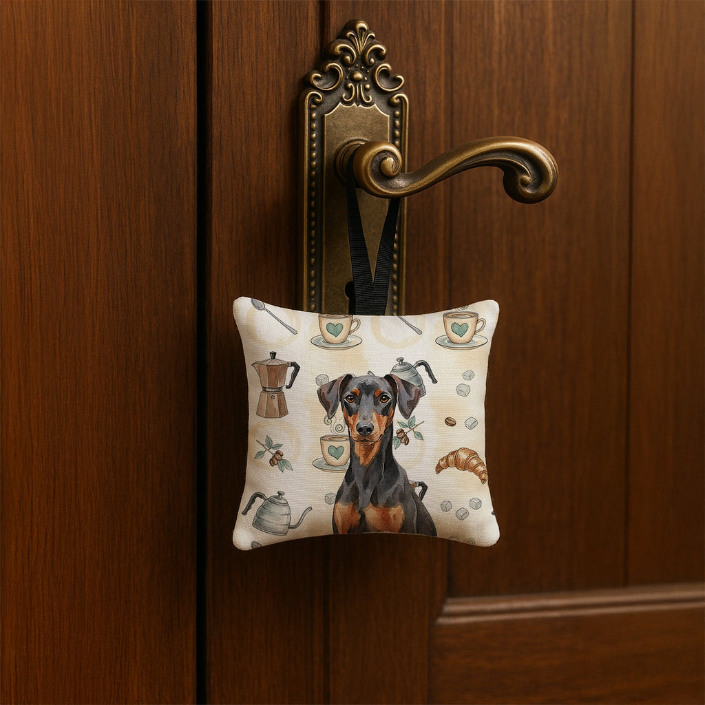 German Pinscher Coffee Bar Hanging Square Fabric Ornament 3.5 � 3.5 Decorative Door-Knob & Tree Hanger, Soft Fabric