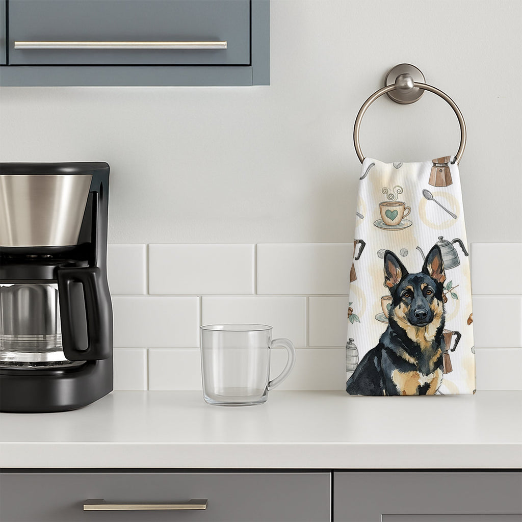 Black and Tan German Shepherd Coffee Bar Kitchen Towel Velour Plush Front and Cotton Loop Back Machine Washable