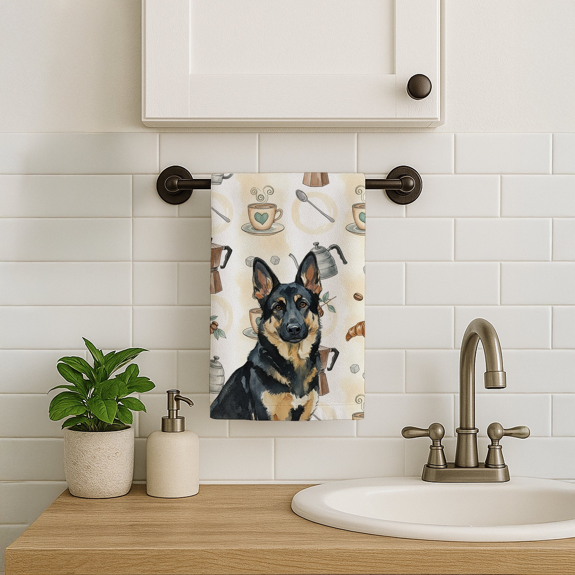Black and Tan German Shepherd Coffee Bar Kitchen Towel Velour Plush Front and Cotton Loop Back Machine Washable