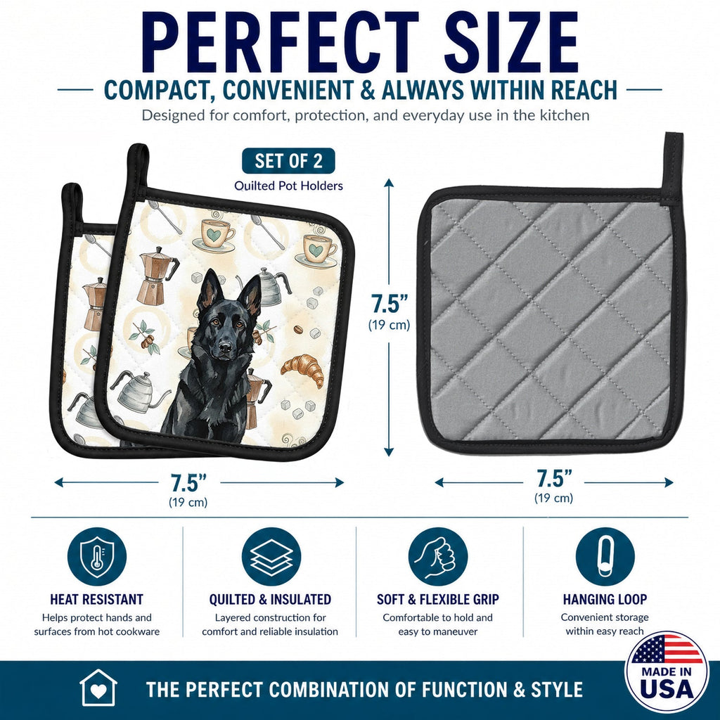 Black German Shepherd Coffee Bar Pot Holder Set of 2 Heat Resistant Quilted Hot Pads 7.5 x 7.5 Inch, Insulated Kitchen Trivets for Cooking & Baking