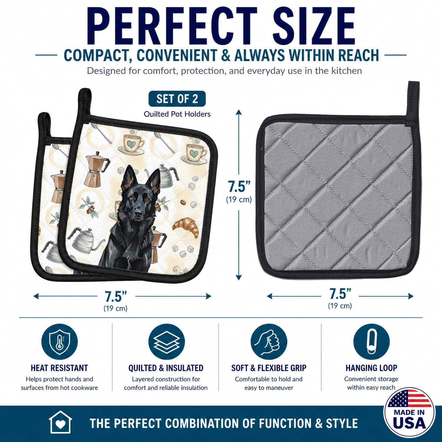 Black German Shepherd Coffee Bar Pot Holder Set of 2 Heat Resistant Quilted Hot Pads 7.5 x 7.5 Inch, Insulated Kitchen Trivets for Cooking & Baking