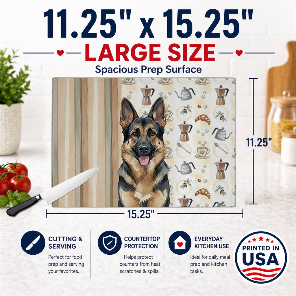 German Shepherd Coffee Bar Cutting Board Tempered Glass Kitchen Cutting Surface, Heat Resistant Chopping, Non-Slip Feet, Food Prep & Serving