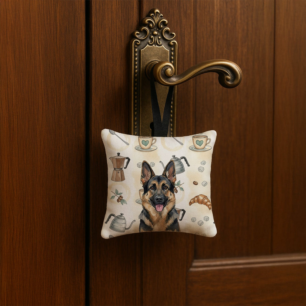 German Shepherd Coffee Bar Hanging Square Fabric Ornament 3.5 � 3.5 Decorative Door-Knob & Tree Hanger, Soft Fabric