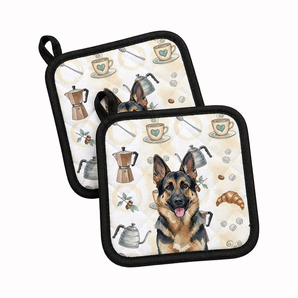 German Shepherd Coffee Bar Pot Holder Set of 2 Heat Resistant Quilted Hot Pads 7.5 x 7.5 Inch, Insulated Kitchen Trivets for Cooking & Baking