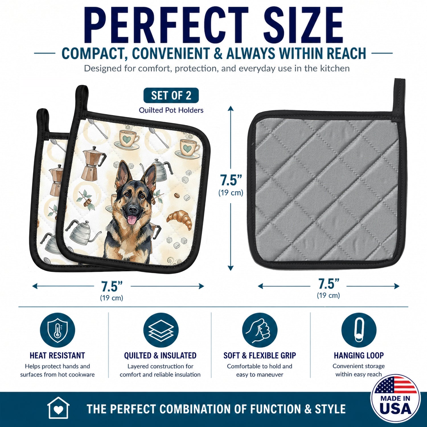 German Shepherd Coffee Bar Pot Holder Set of 2 Heat Resistant Quilted Hot Pads 7.5 x 7.5 Inch, Insulated Kitchen Trivets for Cooking & Baking