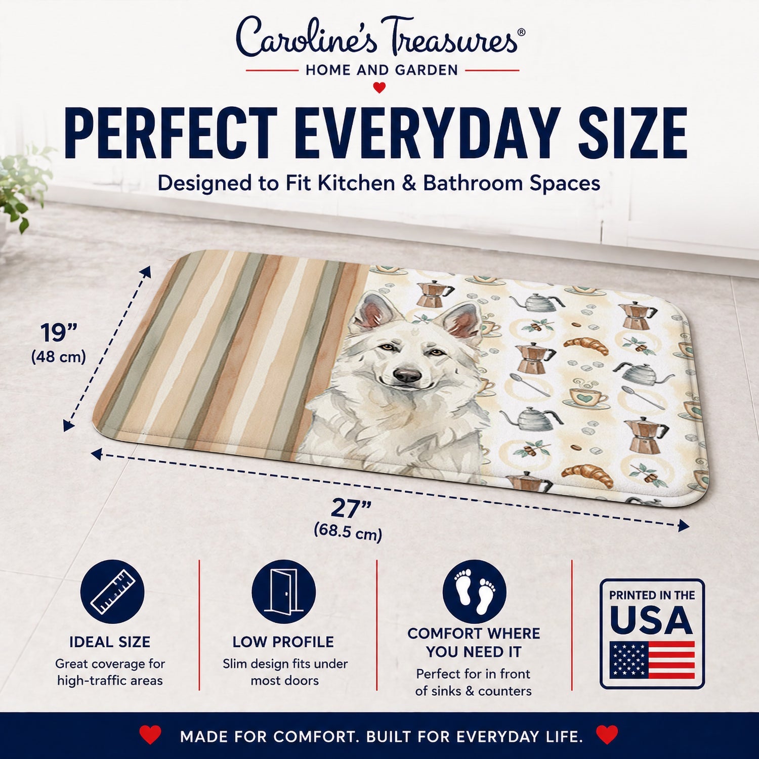 White German Shepherd Coffee Bar Memory Foam Kitchen Mat Machine Washable Anti-Fatigue Cushion Comfort Bath or Kitchen Rug