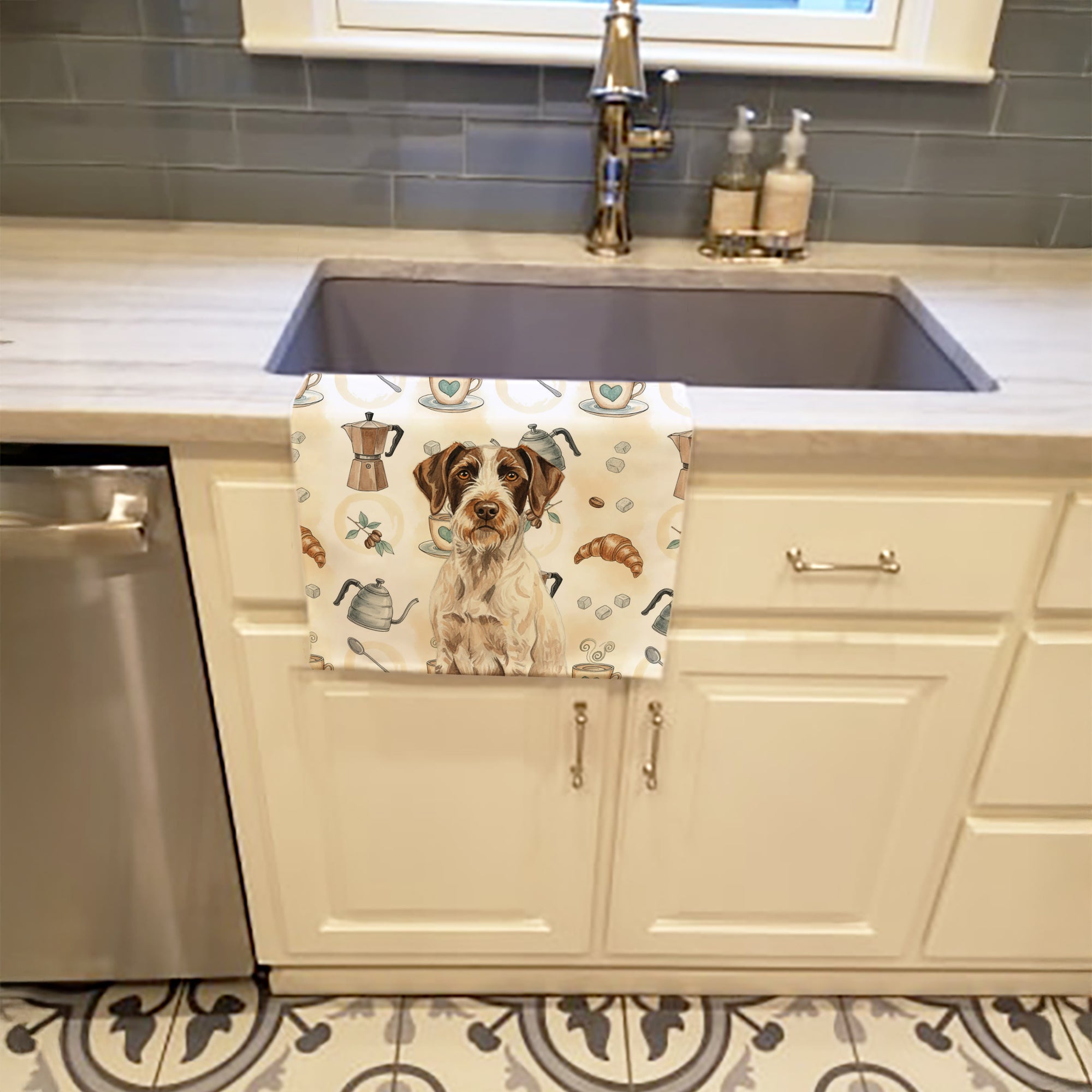 Liver and White German Wirehaired Pointer Coffee Bar Kitchen Towel Velour Plush Front and Cotton Loop Back Machine Washable