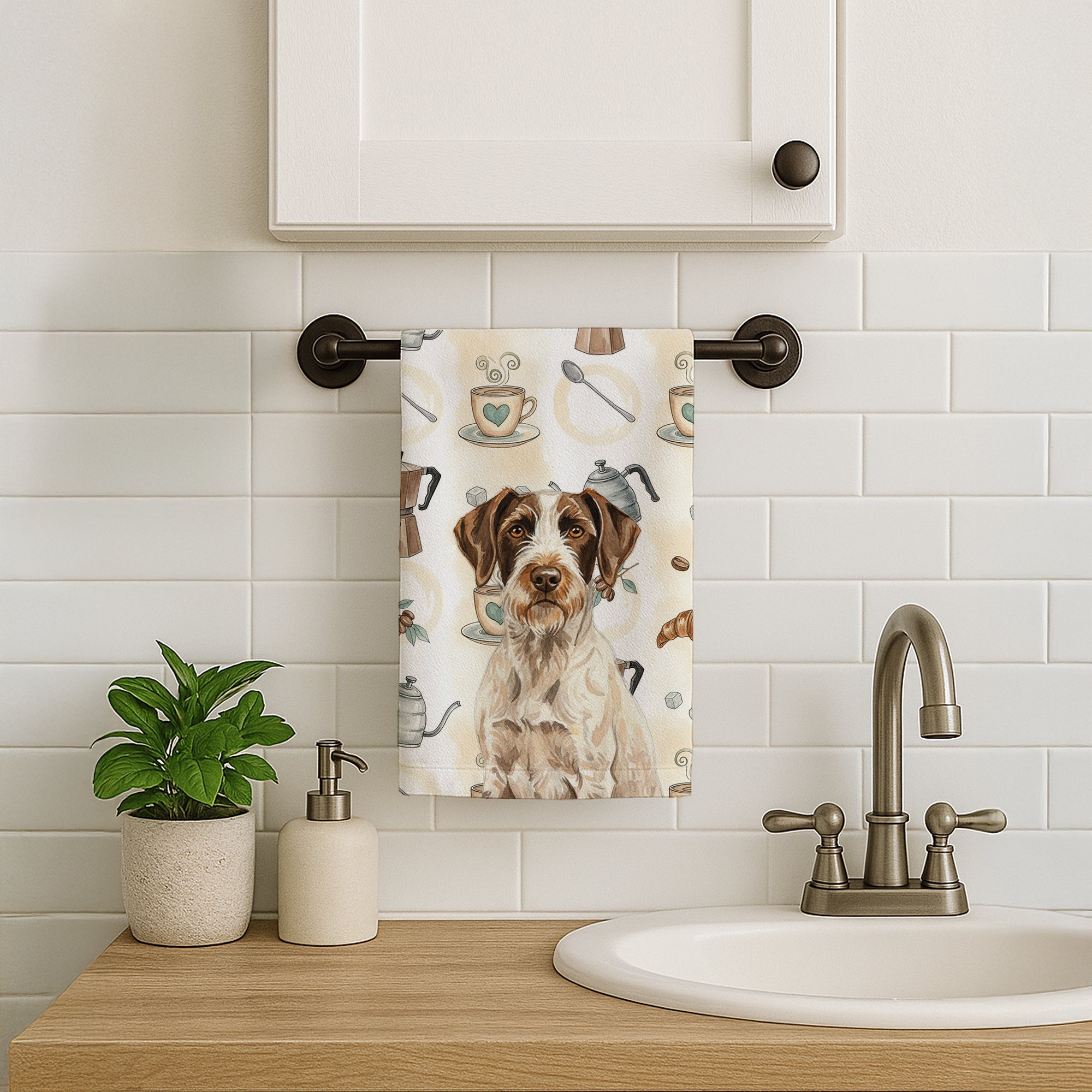 Liver and White German Wirehaired Pointer Coffee Bar Kitchen Towel Velour Plush Front and Cotton Loop Back Machine Washable