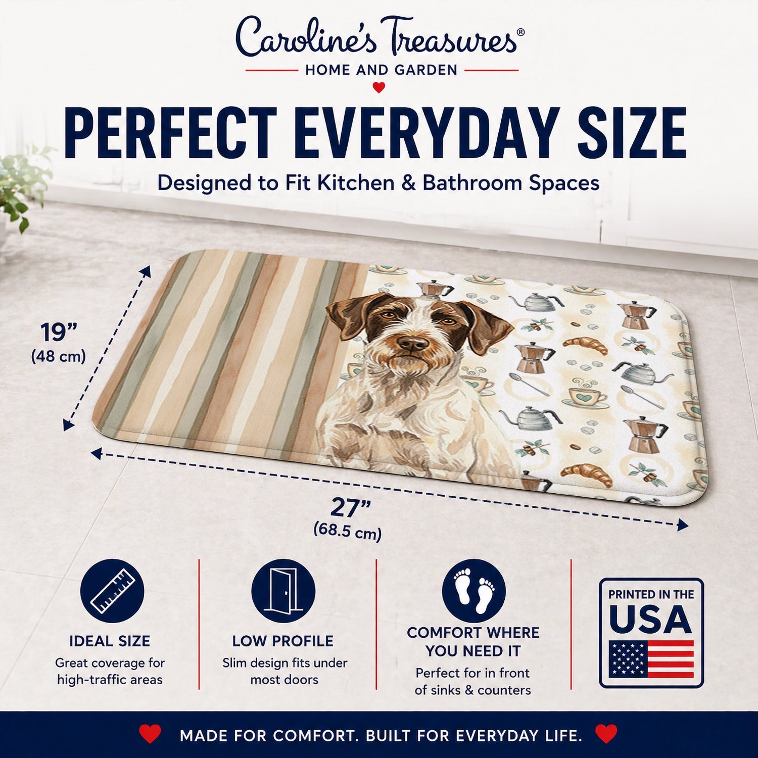 Liver and White German Wirehaired Pointer Coffee Bar Memory Foam Kitchen Mat Machine Washable Anti-Fatigue Cushion Comfort Bath or Kitchen Rug