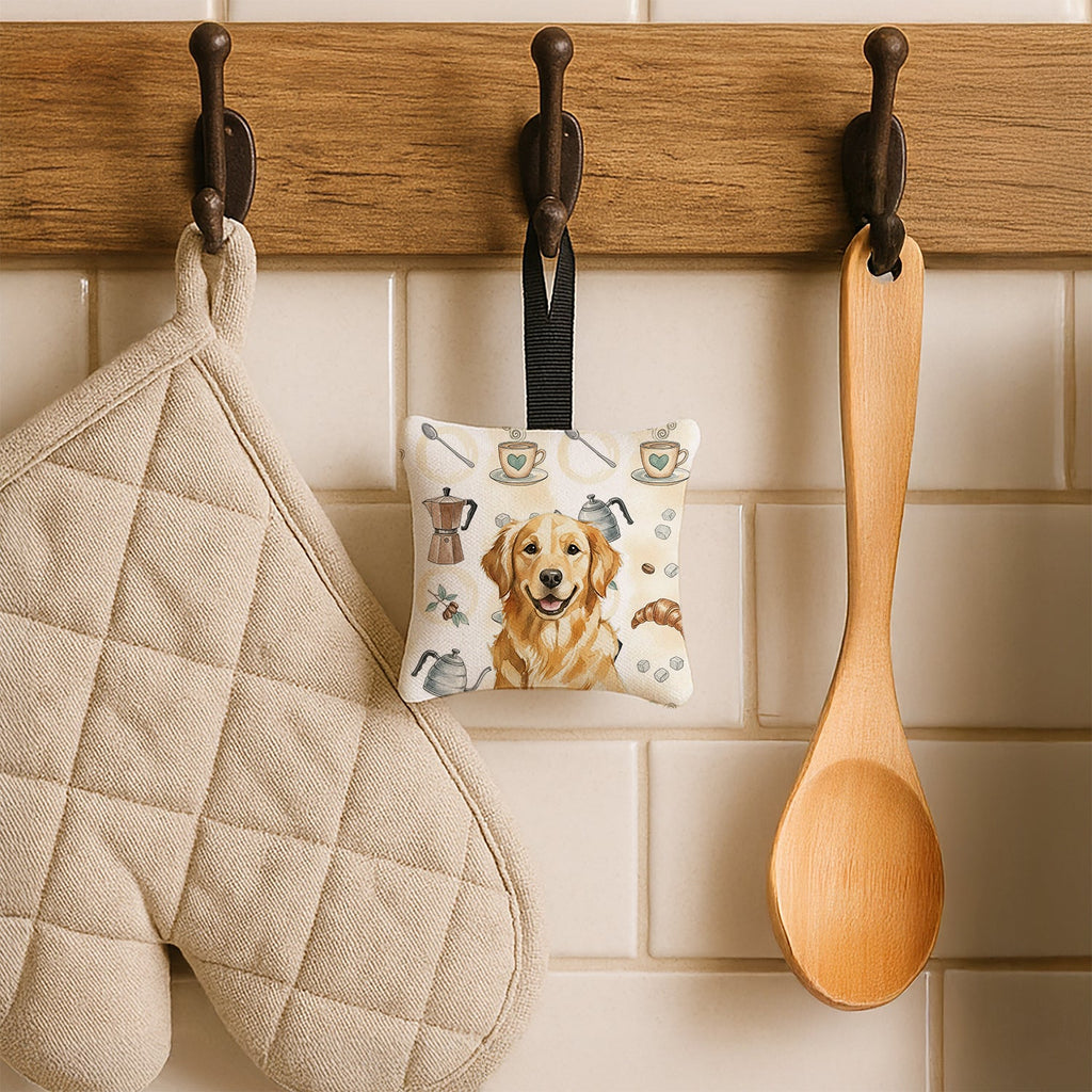 Golden Retriever Coffee Bar Hanging Square Fabric Ornament 3.5 � 3.5 Decorative Door-Knob & Tree Hanger, Soft Fabric