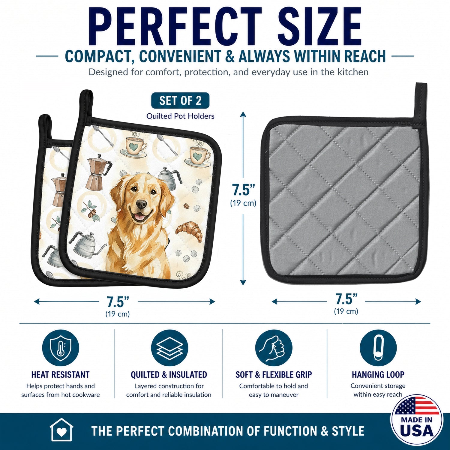 Golden Retriever Coffee Bar Pot Holder Set of 2 Heat Resistant Quilted Hot Pads 7.5 x 7.5 Inch, Insulated Kitchen Trivets for Cooking & Baking