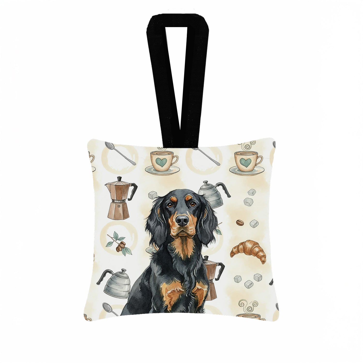 Gordon Setter Coffee Bar Hanging Square Fabric Ornament 3.5 � 3.5 Decorative Door-Knob & Tree Hanger, Soft Fabric