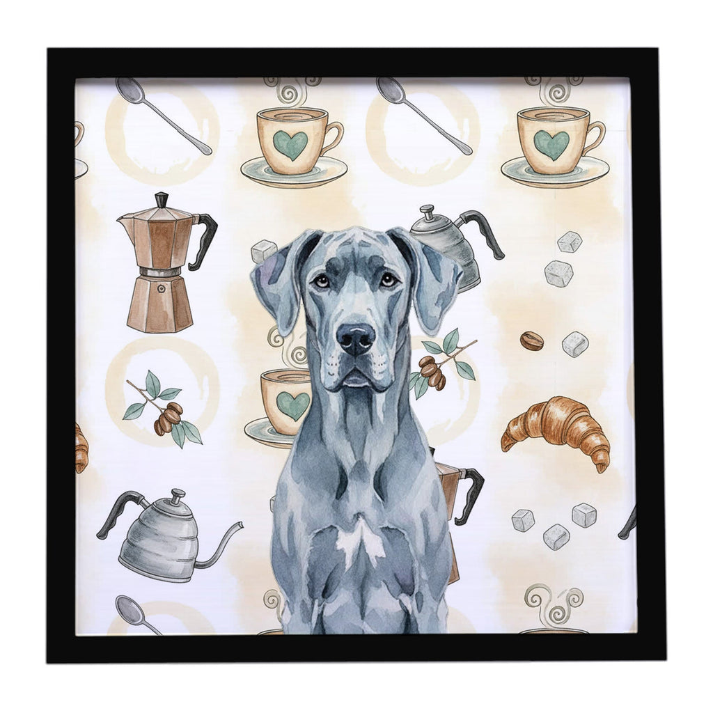Blue Great Dane Coffee Bar Framed Metal Print Bathroom, Kitchen, Office, Home Decor Wall Art Ready to Hang, Square, 8X8