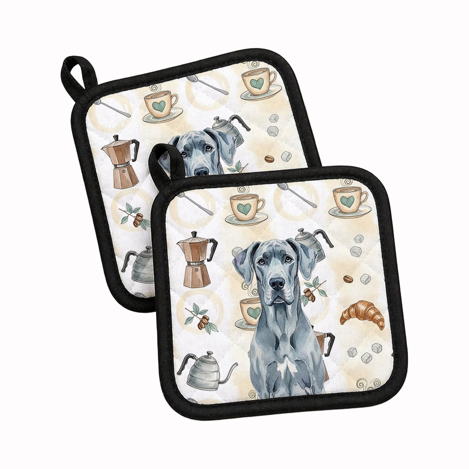 Blue Great Dane Coffee Bar Pot Holder Set of 2 Heat Resistant Quilted Hot Pads 7.5 x 7.5 Inch, Insulated Kitchen Trivets for Cooking & Baking