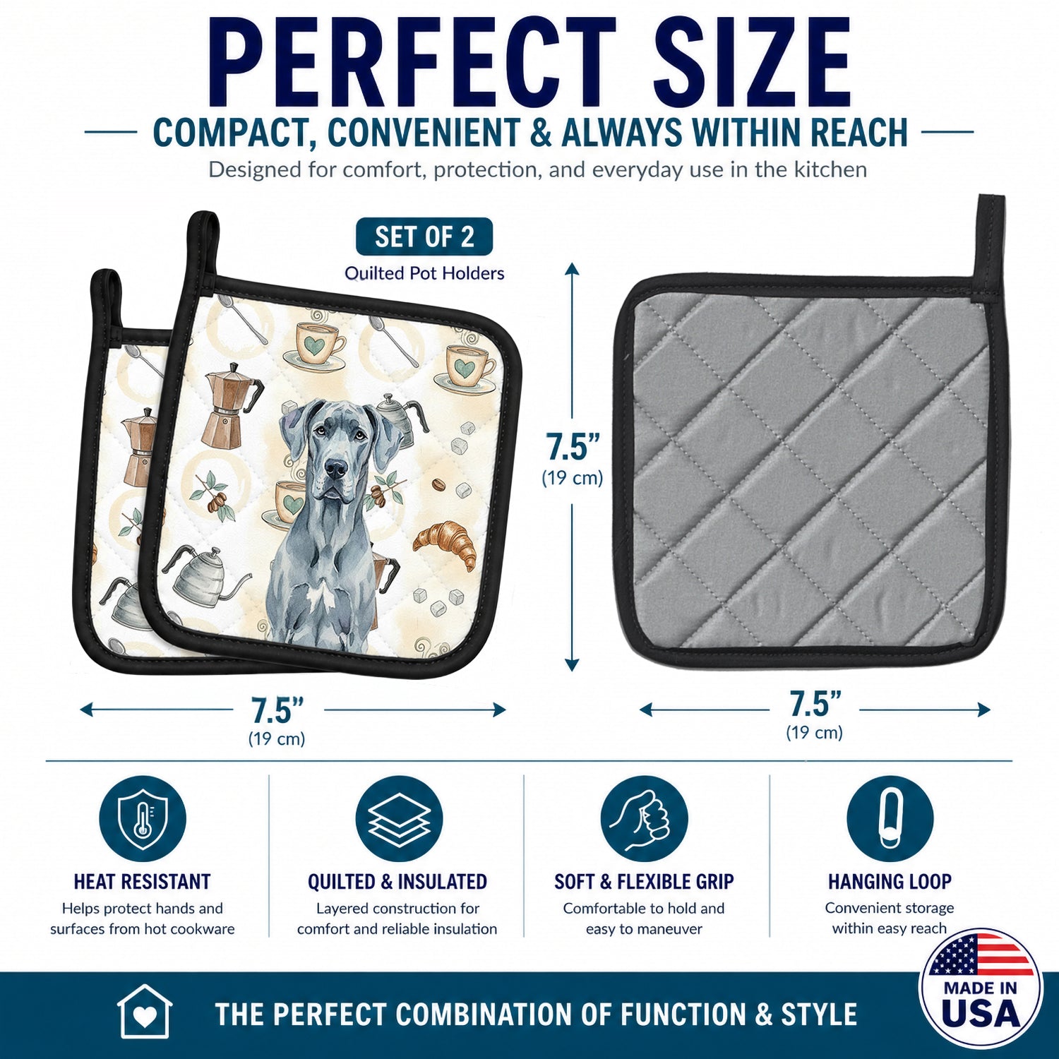 Blue Great Dane Coffee Bar Pot Holder Set of 2 Heat Resistant Quilted Hot Pads 7.5 x 7.5 Inch, Insulated Kitchen Trivets for Cooking & Baking