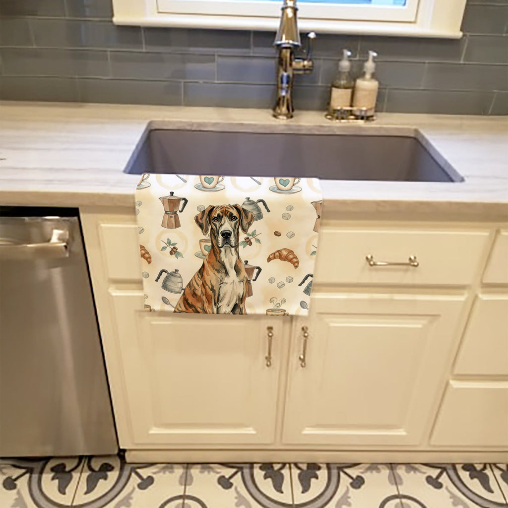 Brindle Great Dane Coffee Bar Kitchen Towel Velour Plush Front and Cotton Loop Back Machine Washable
